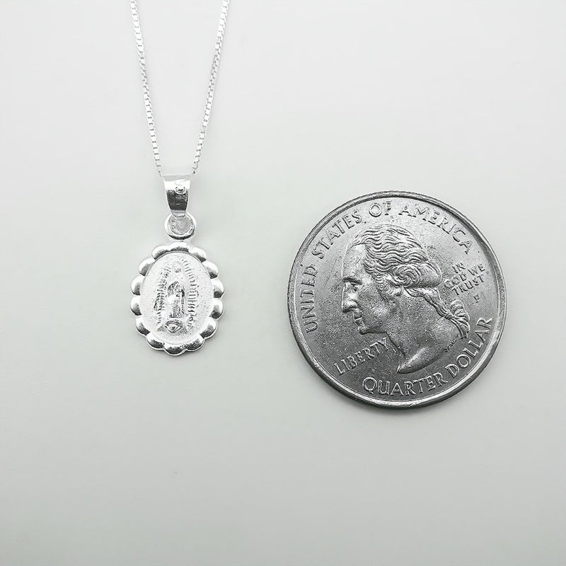 Our Lady of Guadalupe Medal Mini Oval Silver Floral Necklace - Guadalupe Gifts