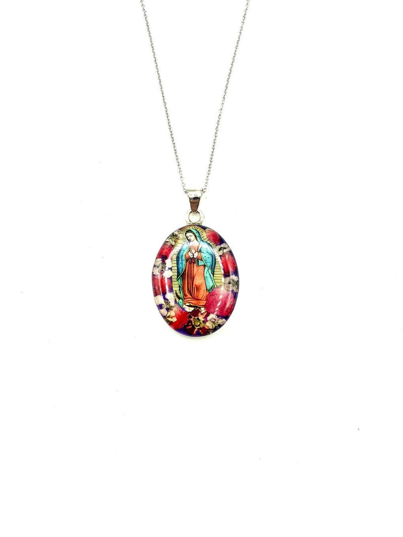 Our Lady of Guadalupe Medium Oval Necklace w/ Pressed Flowers - Guadalupe Gifts