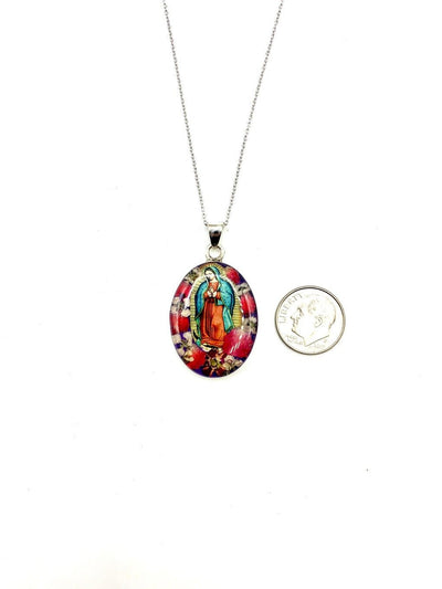 Our Lady of Guadalupe Medium Oval Necklace w/ Pressed Flowers - Guadalupe Gifts