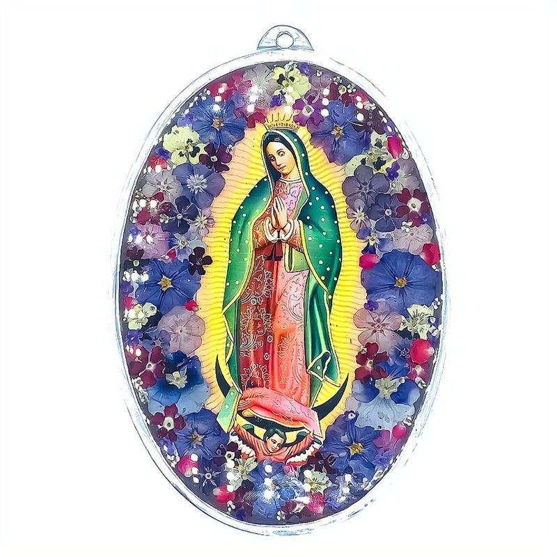Our Lady of Guadalupe Medium Oval Wall Frame w/ Pressed Flowers 7.9" x 5.5" - Guadalupe Gifts