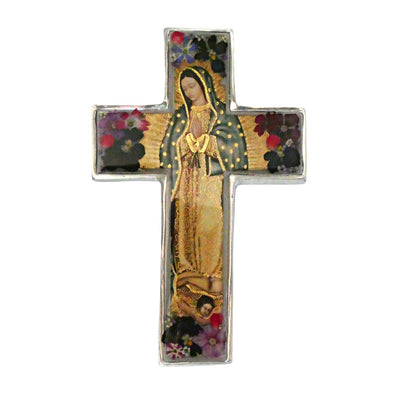 Our Lady of Guadalupe Medium Wall Cross w/ Pressed Flowers 6.5" - Guadalupe Gifts