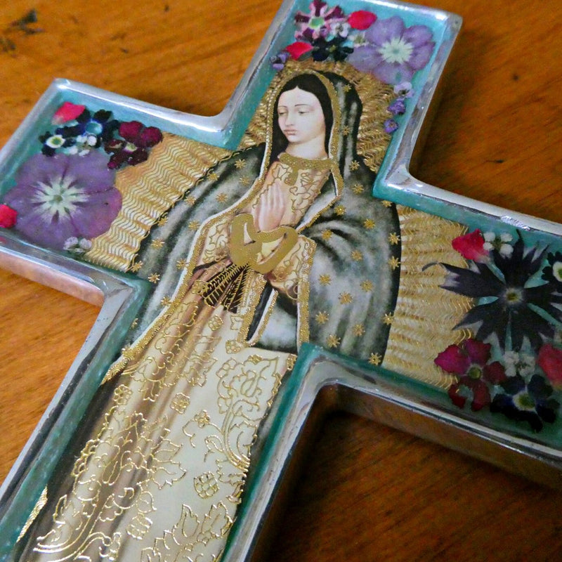 Our Lady of Guadalupe Medium Wall Cross w/ Pressed Flowers 6.5" - Guadalupe Gifts