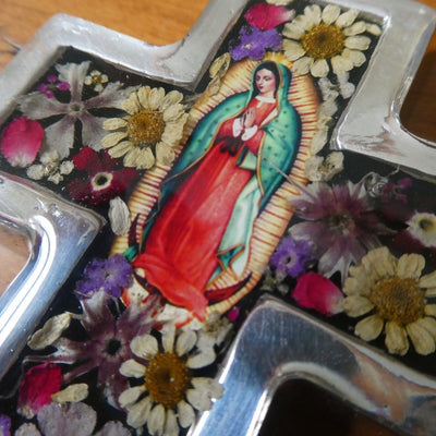 Our Lady of Guadalupe Mini Cross w/ Pressed Flowers 3.5" - Guadalupe Gifts
