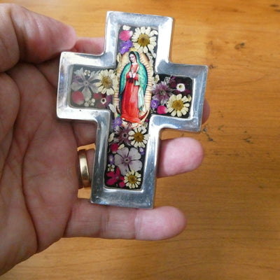 Our Lady of Guadalupe Mini Cross w/ Pressed Flowers 3.5" - Guadalupe Gifts