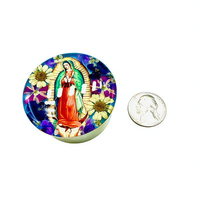 Our Lady of Guadalupe Mini Rosary Box w/ Pressed Flowers 1.5" X 1" - Guadalupe Gifts