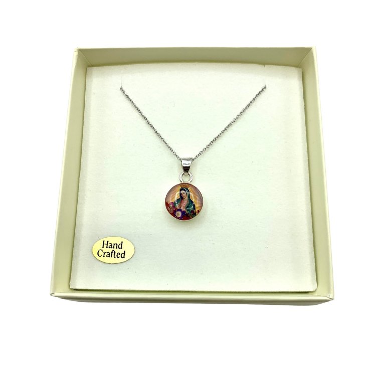 Our Lady of Guadalupe Mini Round Pendant w/ Pressed Flowers - Guadalupe Gifts