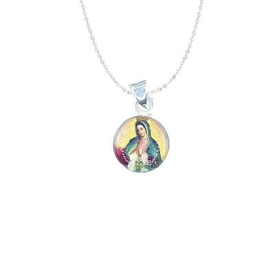 Our Lady of Guadalupe Mini Round Pendant w/ Pressed Flowers - Guadalupe Gifts