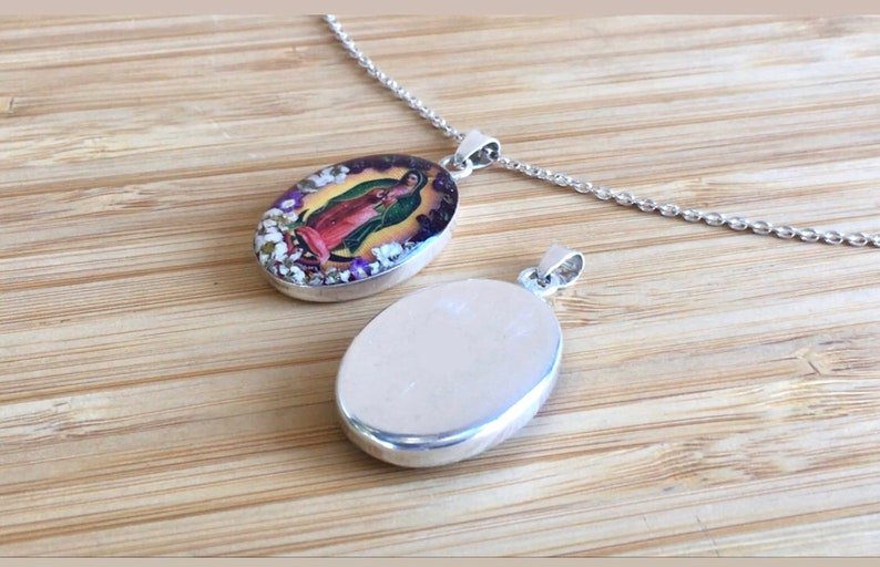 Our Lady of Guadalupe Necklace w/ Pressed Flowers - Guadalupe Gifts