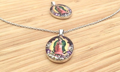 Our Lady of Guadalupe Necklace w/ Pressed Flowers - Guadalupe Gifts