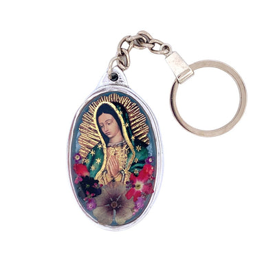 Our Lady of Guadalupe Oval Keychain w/ Pressed Flowers - Guadalupe Gifts