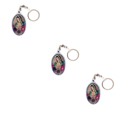 Our Lady of Guadalupe Oval Keychain w/ Pressed Flowers - Guadalupe Gifts