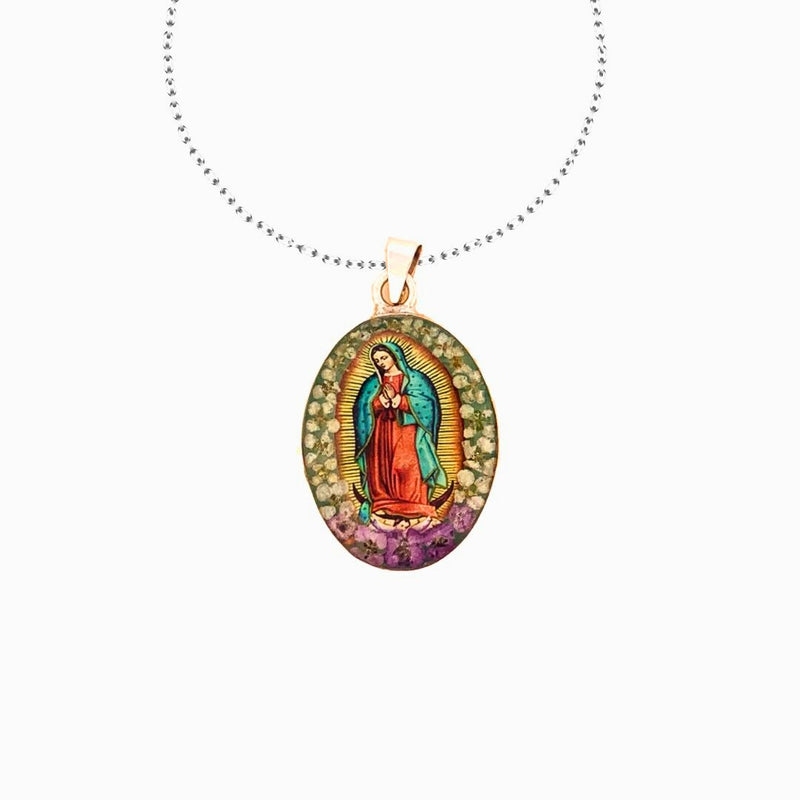 Our Lady of Guadalupe Oval Necklace w/ Pressed Flowers 18-inch - Guadalupe Gifts