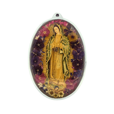 Our Lady of Guadalupe Oval-Shaped Wall Frame w/ Pressed Flowers 6" x 4" - Guadalupe Gifts