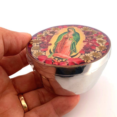 Our Lady of Guadalupe Rosary Box w/ Pressed Flowers 2.9" x 1.5" x 2" - Guadalupe Gifts