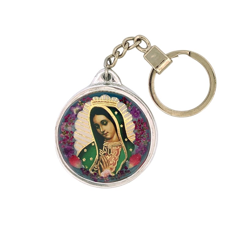 Our Lady of Guadalupe Round Keychain w/ Pressed Flowers - Guadalupe Gifts