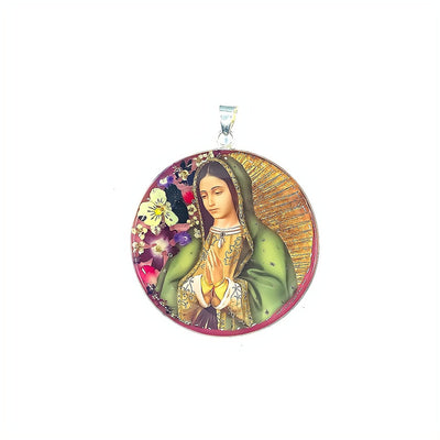 Our Lady of Guadalupe Round Medallion w/ Pressed Flowers 2.4" x 2.4" - Guadalupe Gifts