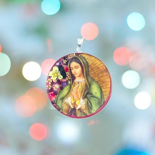 Our Lady of Guadalupe Round Medallion w/ Pressed Flowers 2.4" x 2.4" - Guadalupe Gifts