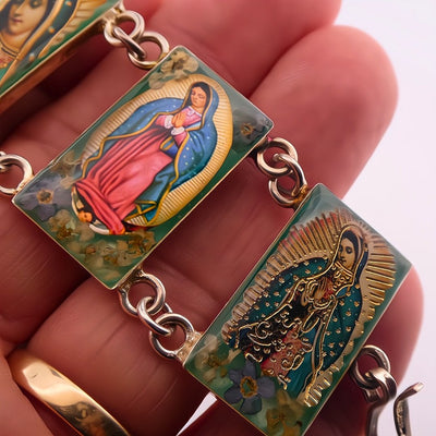 Our Lady of Guadalupe Small Charm Bracelet w/ Pressed Flowers - Guadalupe Gifts
