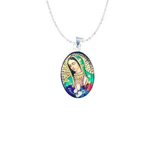Our Lady of Guadalupe Small Oval Pendant w/ Pressed Flowers - Guadalupe Gifts