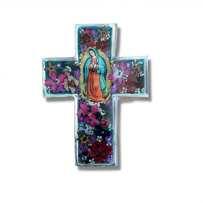 Our Lady of Guadalupe Small Wall Cross w/ Pressed Flowers 4.5" - Guadalupe Gifts