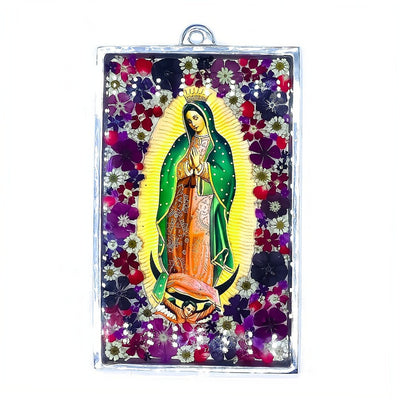 Our Lady of Guadalupe Square-Shaped Wall Frame w/ Pressed Flowers 7.9" x 5.1" - Guadalupe Gifts