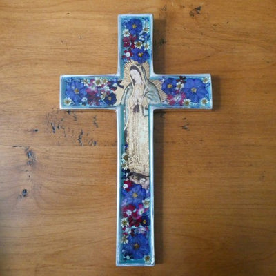 Our Lady of Guadalupe Wall Cross w/ Pressed Flowers 10" - Guadalupe Gifts