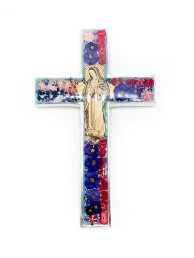 Our Lady of Guadalupe Wall Cross w/ Pressed Flowers 10" - Guadalupe Gifts