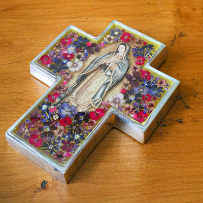Our Lady of Guadalupe Wall Wide Cross w/ Pressed Flowers 6.5" - Guadalupe Gifts
