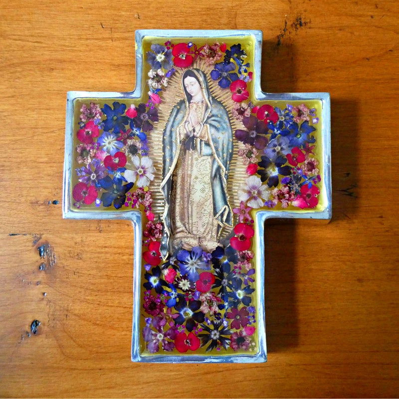 Our Lady of Guadalupe Wall Wide Cross w/ Pressed Flowers 6.5" - Guadalupe Gifts