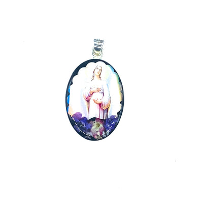 Our Lady of Hope Medium Oval Pendant w/ Pressed Flowers - Guadalupe Gifts