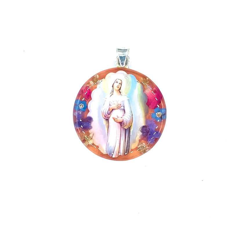 Our Lady of Hope Medium Round Pendant w/ Pressed Flowers - Guadalupe Gifts