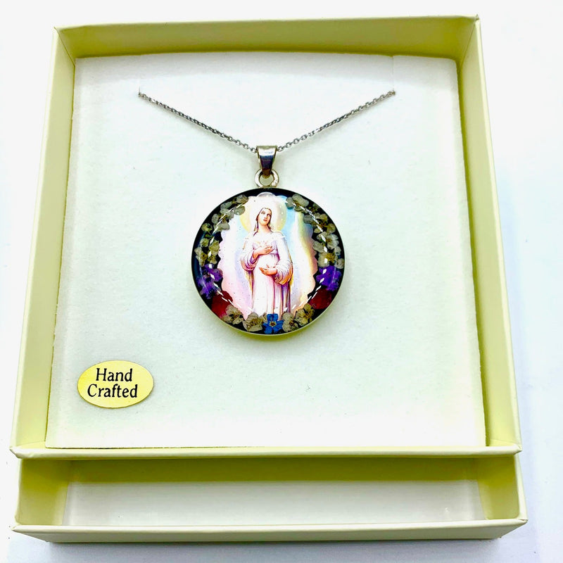 Our Lady of Hope Medium Round Pendant w/ Pressed Flowers - Guadalupe Gifts