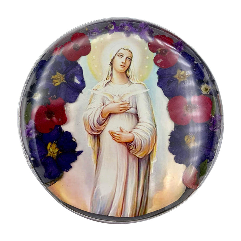 Our Lady of Hope Rosary Box w/ Pressed Flowers 2.9" x 1.5" x 2" - Guadalupe Gifts