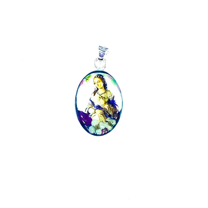 Our Lady of Hope Small Oval Pendant w/ Pressed Flowers - Guadalupe Gifts