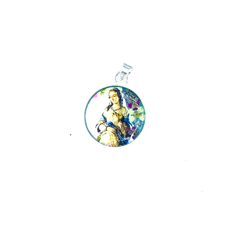 Our Lady of Hope Small Round Pendant w/ Pressed Flowers - Guadalupe Gifts