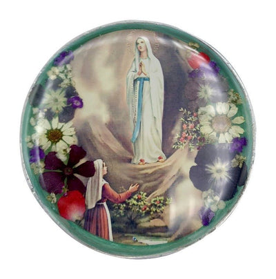 Our Lady of Lourdes Rosary Box w/ Pressed Flowers 2.9" x 1.5" x 2" - Guadalupe Gifts