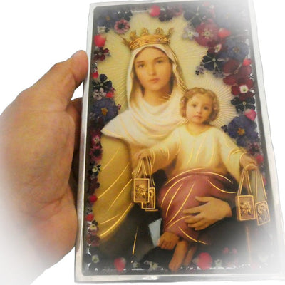 Our Lady of Mount Carmel Large Wall Frame w/ Pressed Flowers 7.9" x 5.1" - Guadalupe Gifts