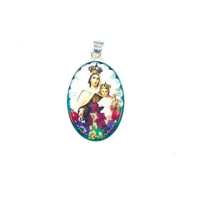 Our Lady of Mount Carmel Medium Oval Pendant w/ Pressed Flowers - Guadalupe Gifts