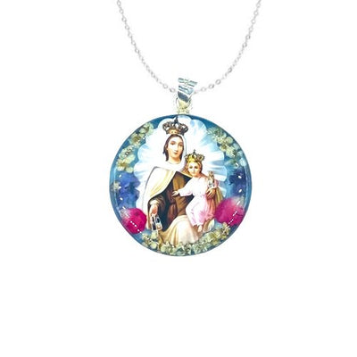 Our Lady of Mount Carmel Medium Round Pendant w/ Pressed Flowers - Guadalupe Gifts