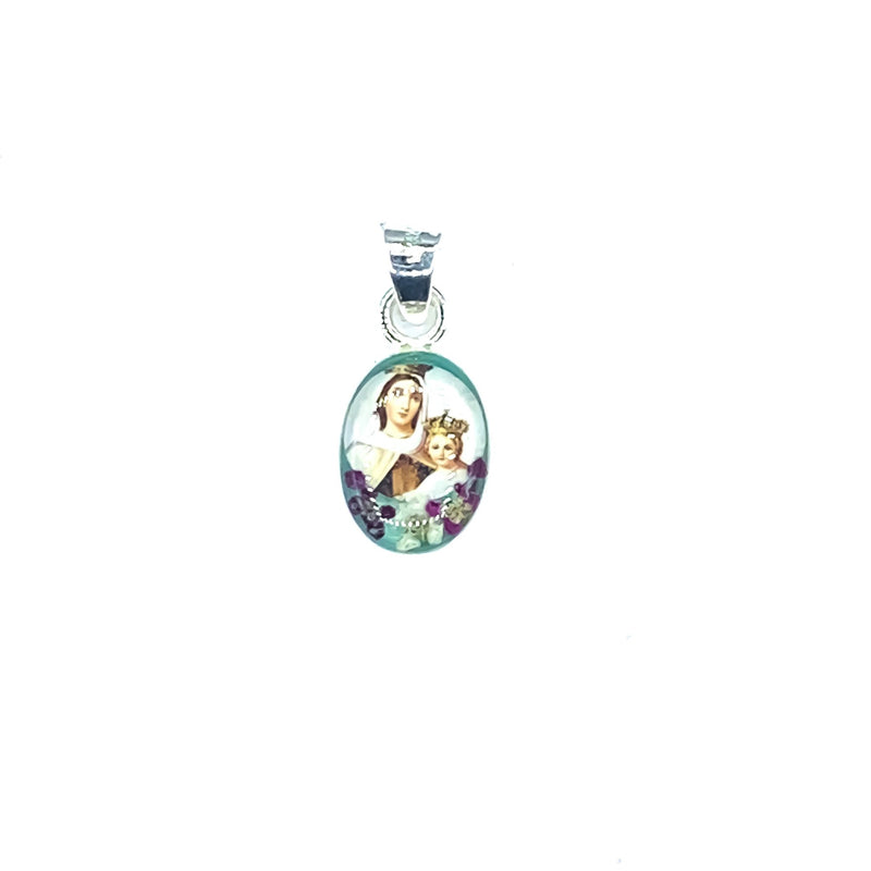 Our Lady of Mount Carmel Mini Oval Pendant w/ Pressed Flowers - Guadalupe Gifts