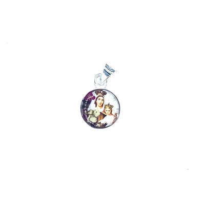 Our Lady of Mount Carmel Mini Round Pendant w/ Pressed Flowers - Guadalupe Gifts