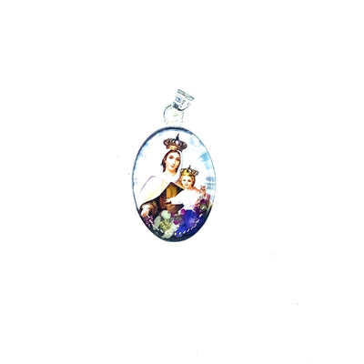 Our Lady of Mount Carmel Small Oval Pendant w/ Pressed Flowers - Guadalupe Gifts