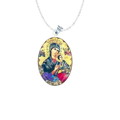 Our Lady of Perpetual Help Large Oval Pendant w/ Pressed Flowers - Guadalupe Gifts
