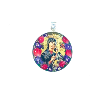 Our Lady of Perpetual Help Large Round Pendant w/ Pressed Flowers - Guadalupe Gifts