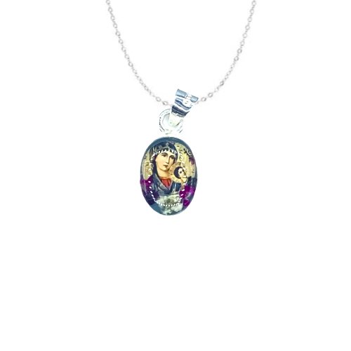 Our Lady of Perpetual Help Mini Oval Pendant w/ Pressed Flowers - Guadalupe Gifts