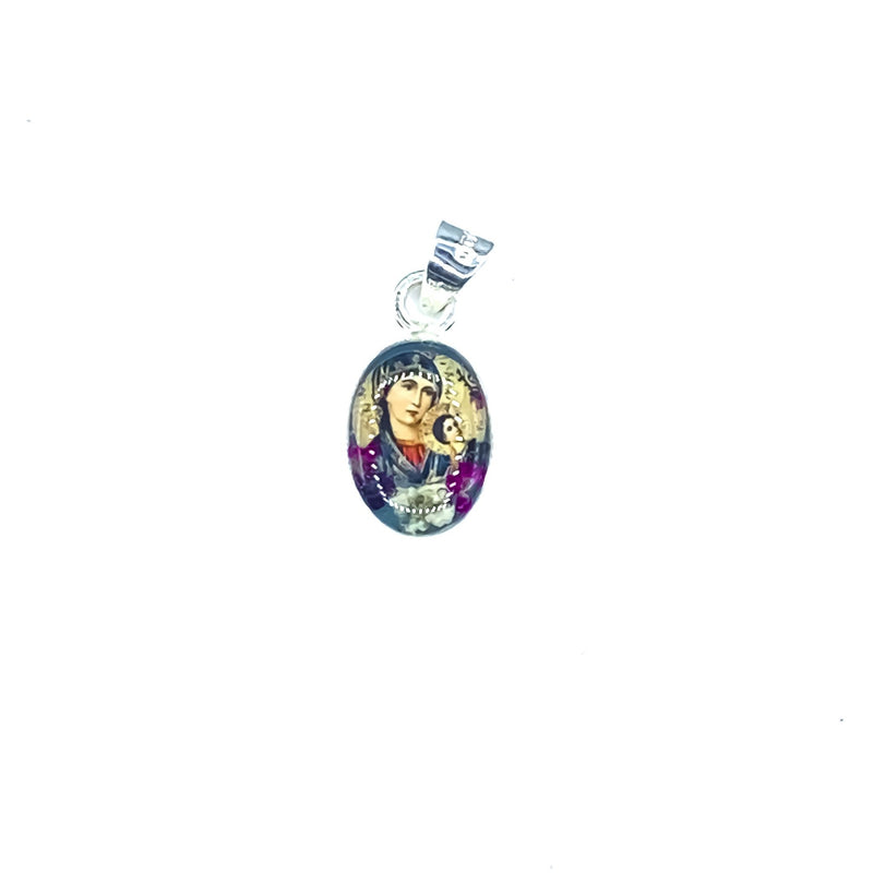 Our Lady of Perpetual Help Mini Oval Pendant w/ Pressed Flowers - Guadalupe Gifts