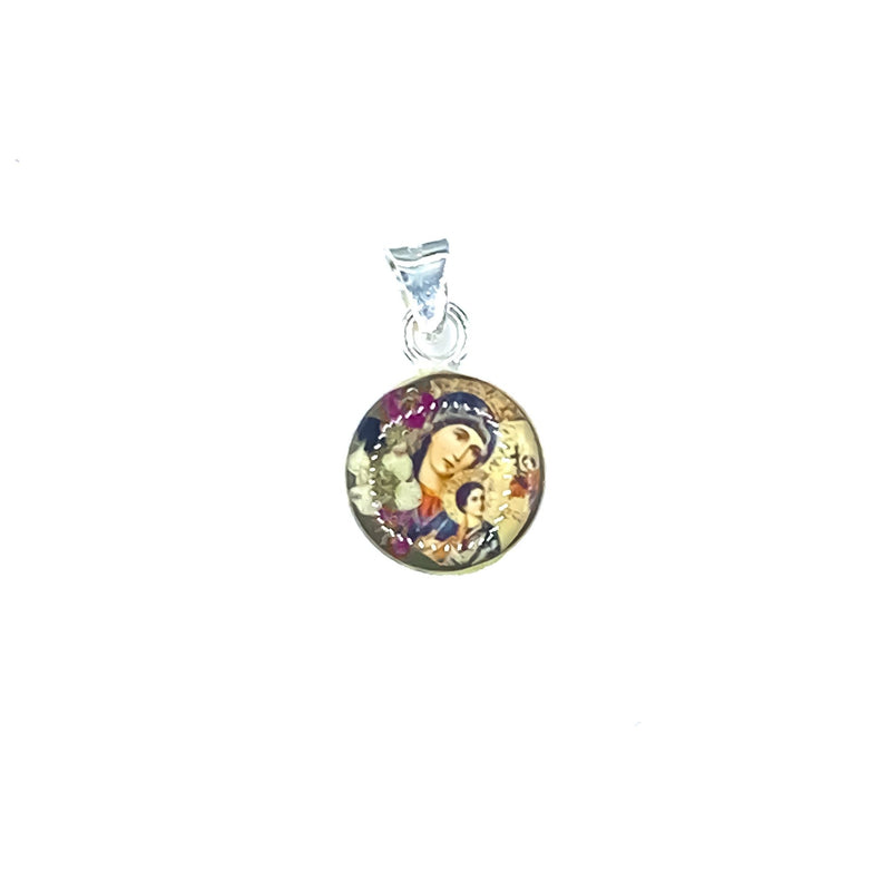 Our Lady of Perpetual Help Mini Round Pendant w/ Pressed Flowers - Guadalupe Gifts