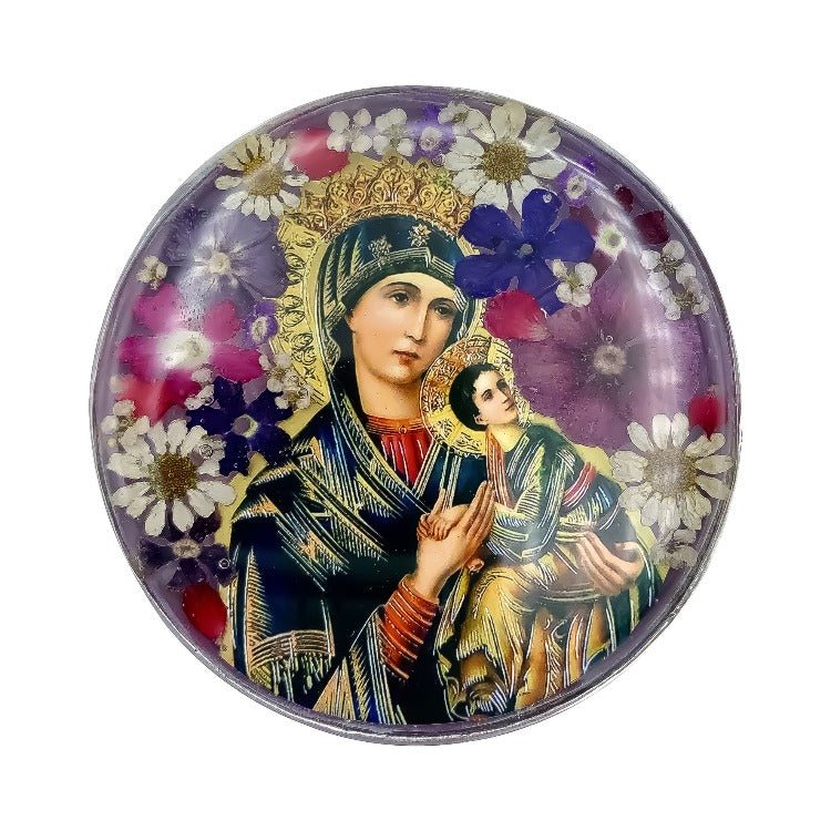 Our Lady of Perpetual Help Rosary Box w/ Pressed Flowers 2.9" x 1.5" x 2" - Guadalupe Gifts