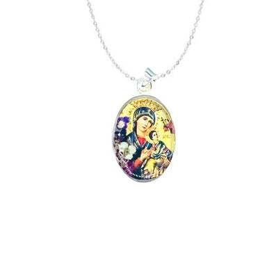 Our Lady of Perpetual Help Small Oval Pendant w/ Pressed Flowers - Guadalupe Gifts