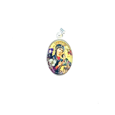 Our Lady of Perpetual Help Small Oval Pendant w/ Pressed Flowers - Guadalupe Gifts